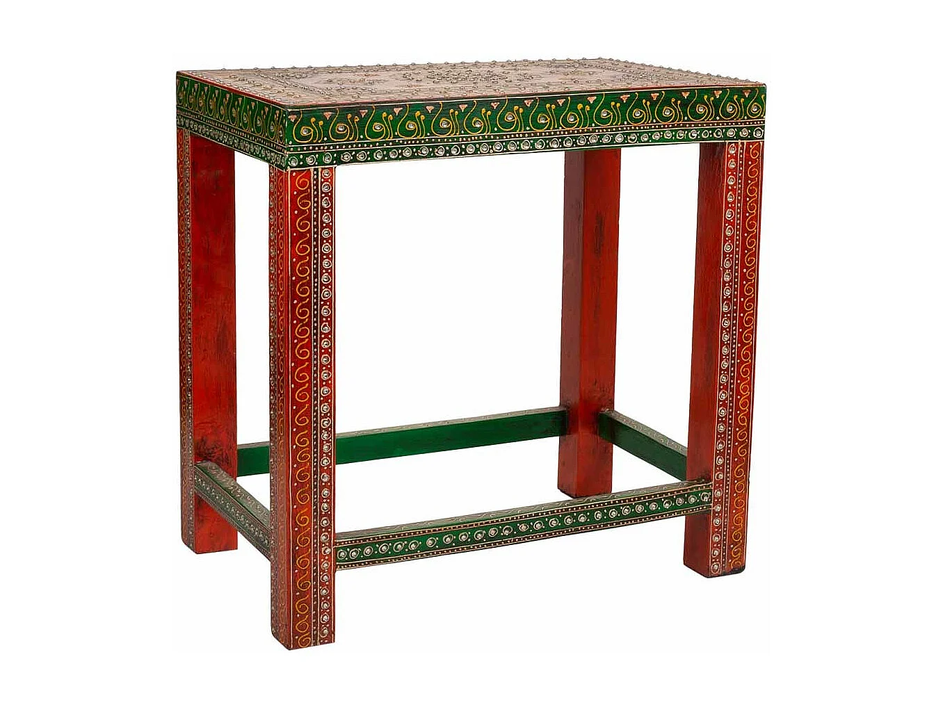 Mesa feita à mão em madeira pintada de verde/vermelho 45x29,5x45