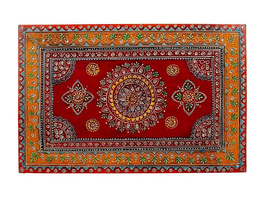 Mesa feita à mão em madeira pintada de verde/vermelho 45x29,5x45