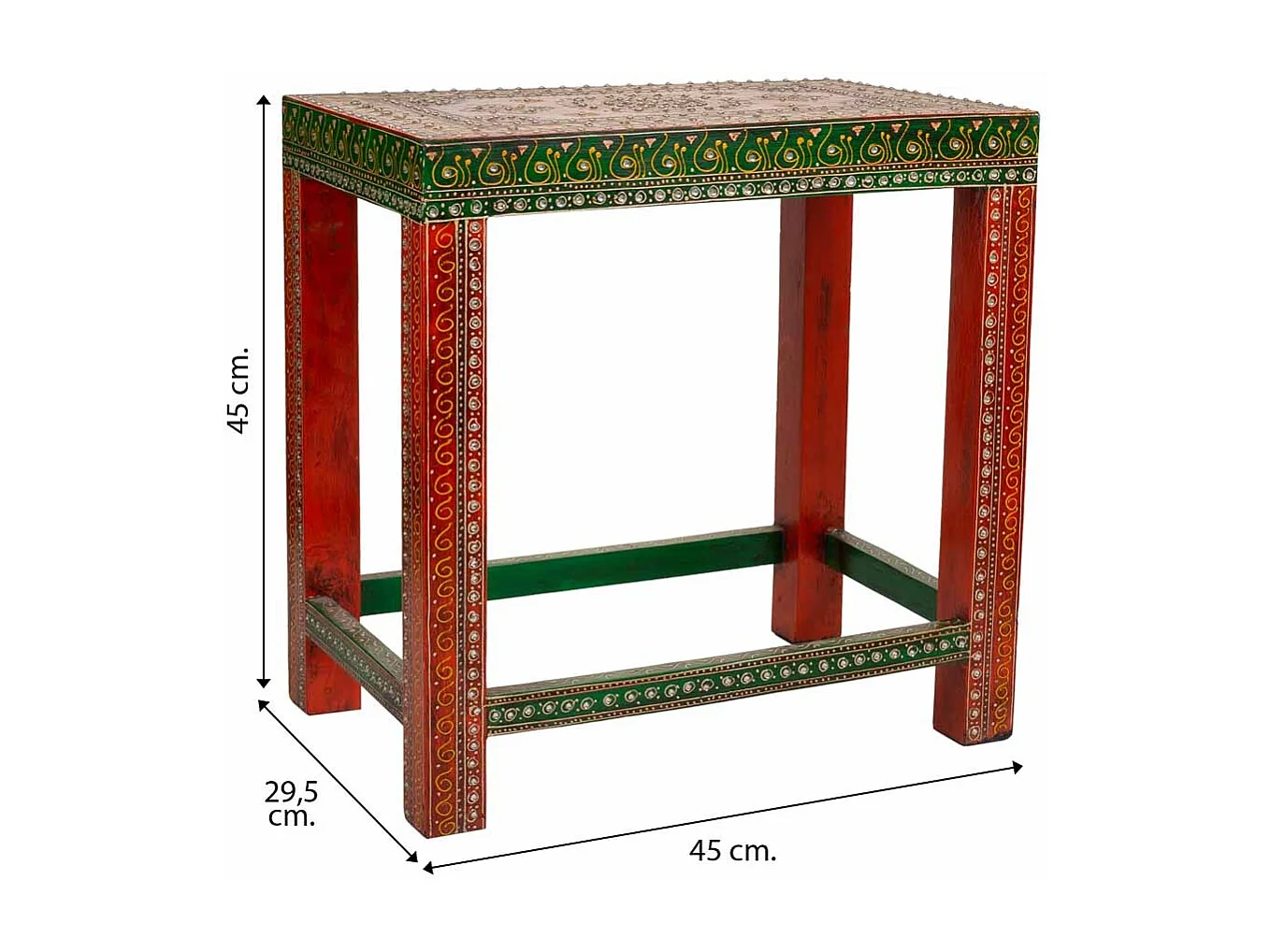 Tavolo artigianale in legno verniciato verde/rosso 45x29,5x45 h