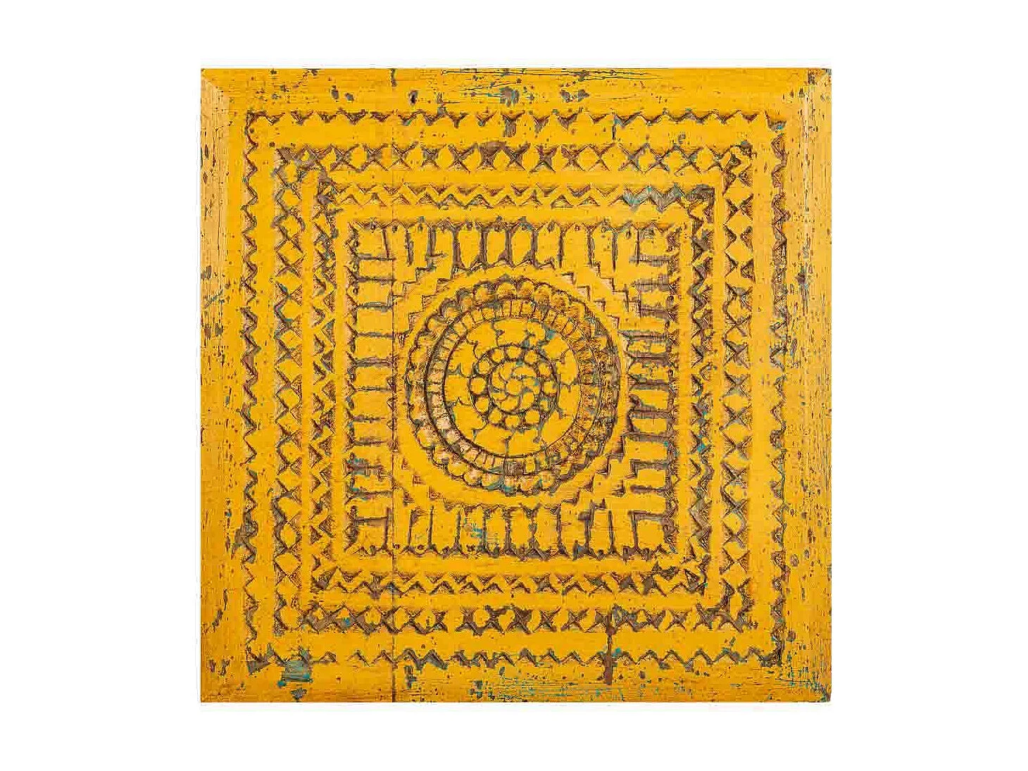 Mesa de centro em madeira entalhada amarela 33x33x14