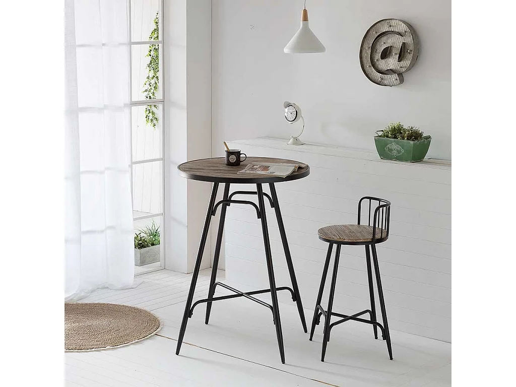 Table haute ronde en métal et bois gris 76x76x105h