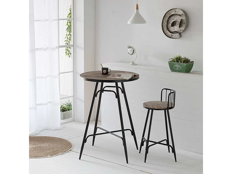 Tavolo alto rotondo in metallo grigio e legno 76x76x105h