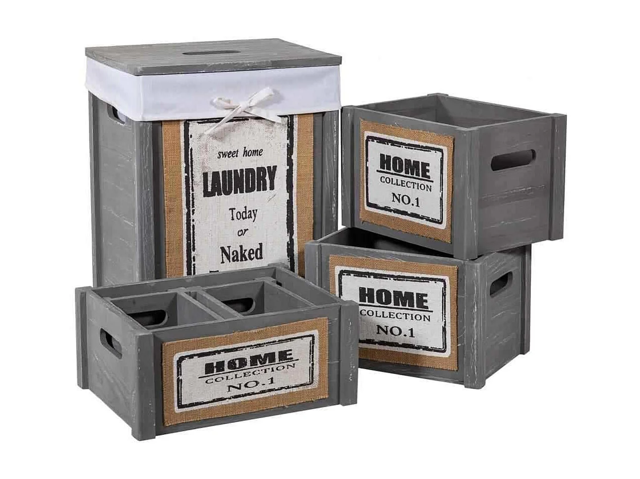 Conjunto de guarda-roupa e 5 cestos de madeira cinza