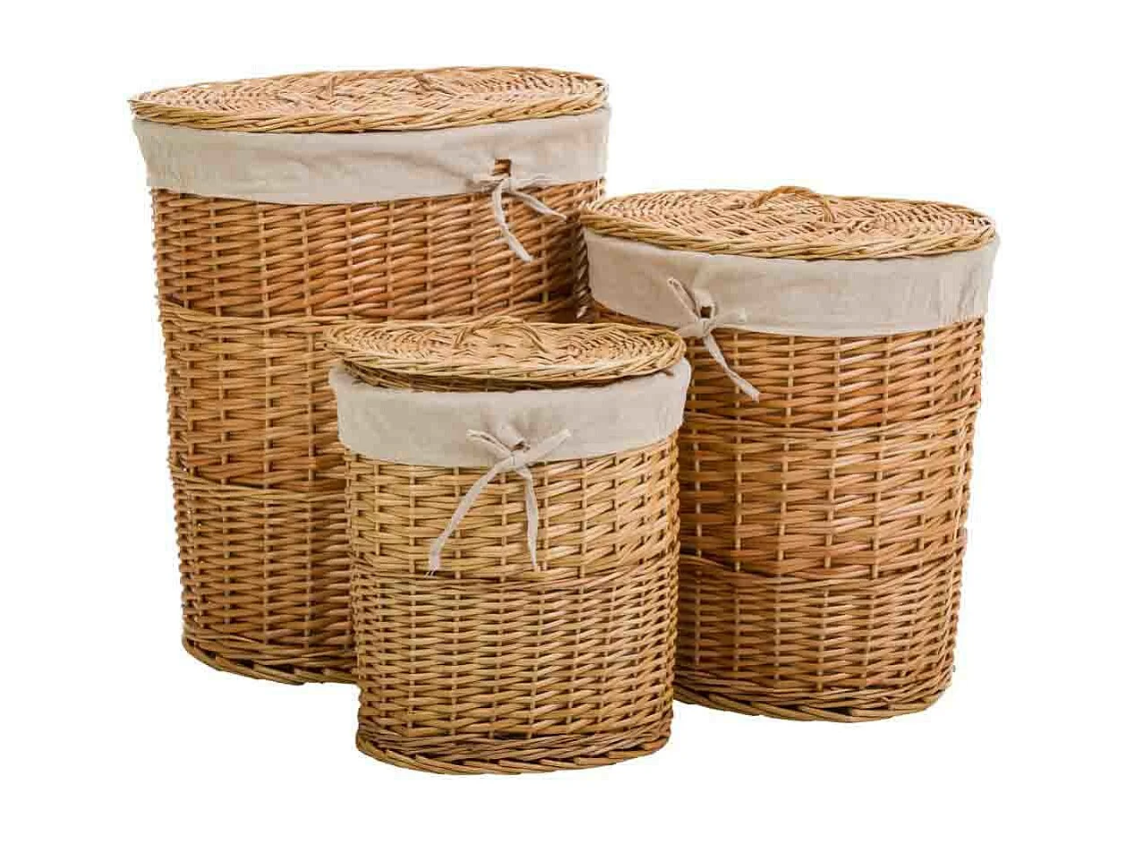 Set mit 3 braun gefütterten Weidenkörben