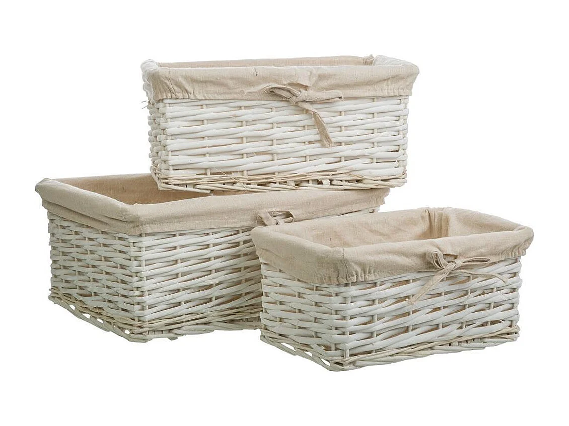 Set di 3 cestini in vimini bianchi foderati