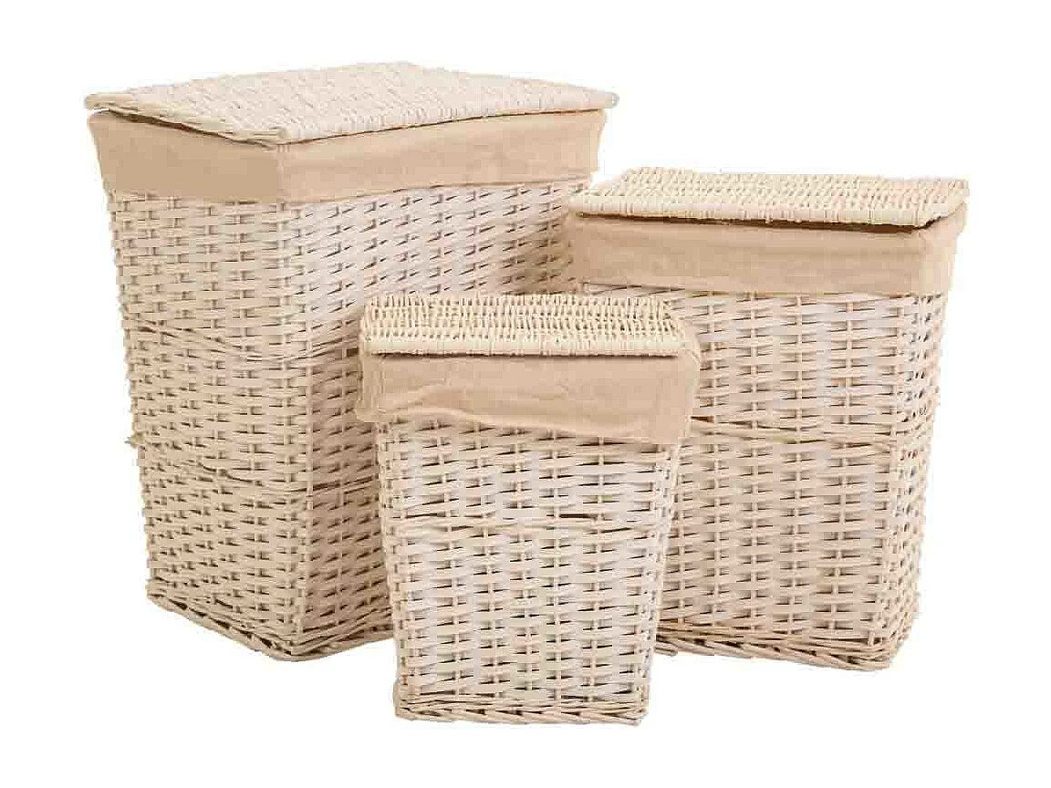 Set di 3 cesti portabiancheria in vimini bianchi foderati