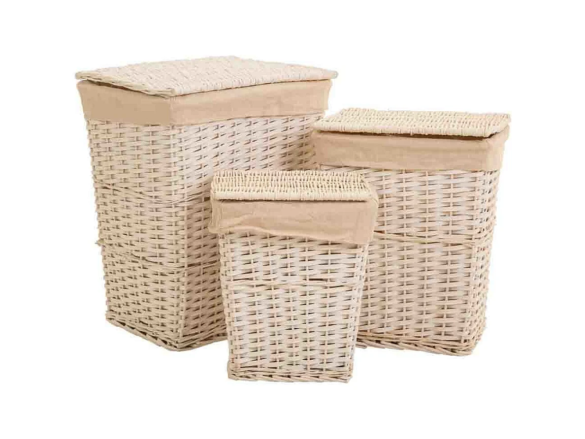 Set 3 cestos de ropa de mimbre blanco forrado