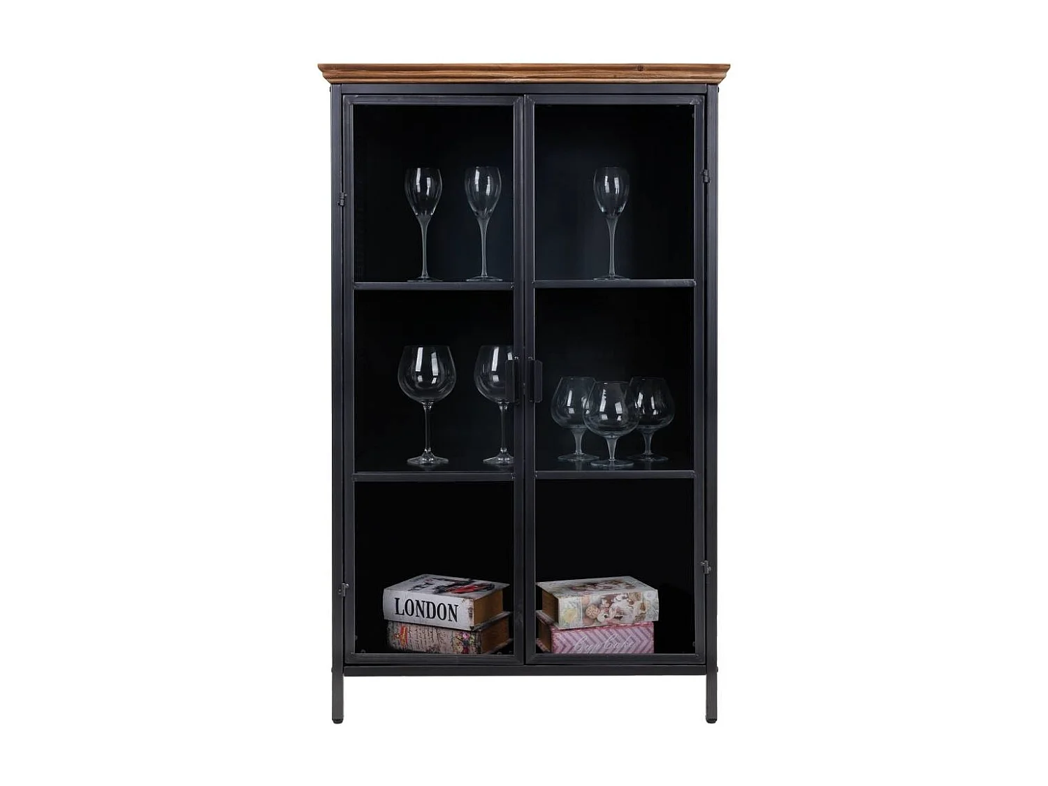 Vitrina em metal preto e madeira 76x37x124,5