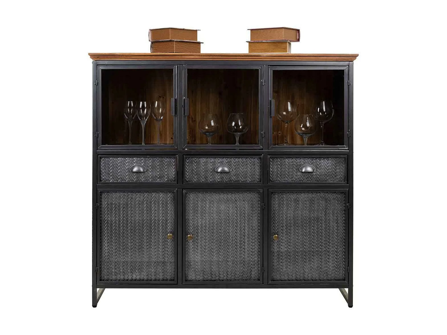 Vitrina em metal preto e madeira 123,5x41,5x120