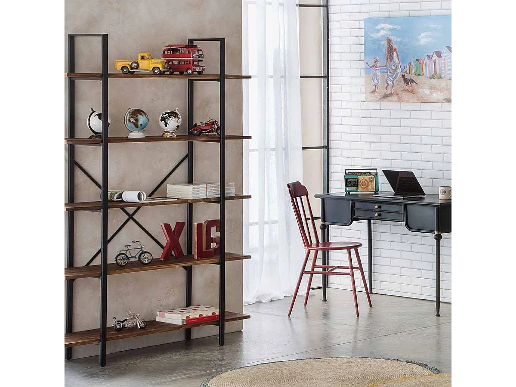 Estante de madeira marrom e metal 120x32x178
