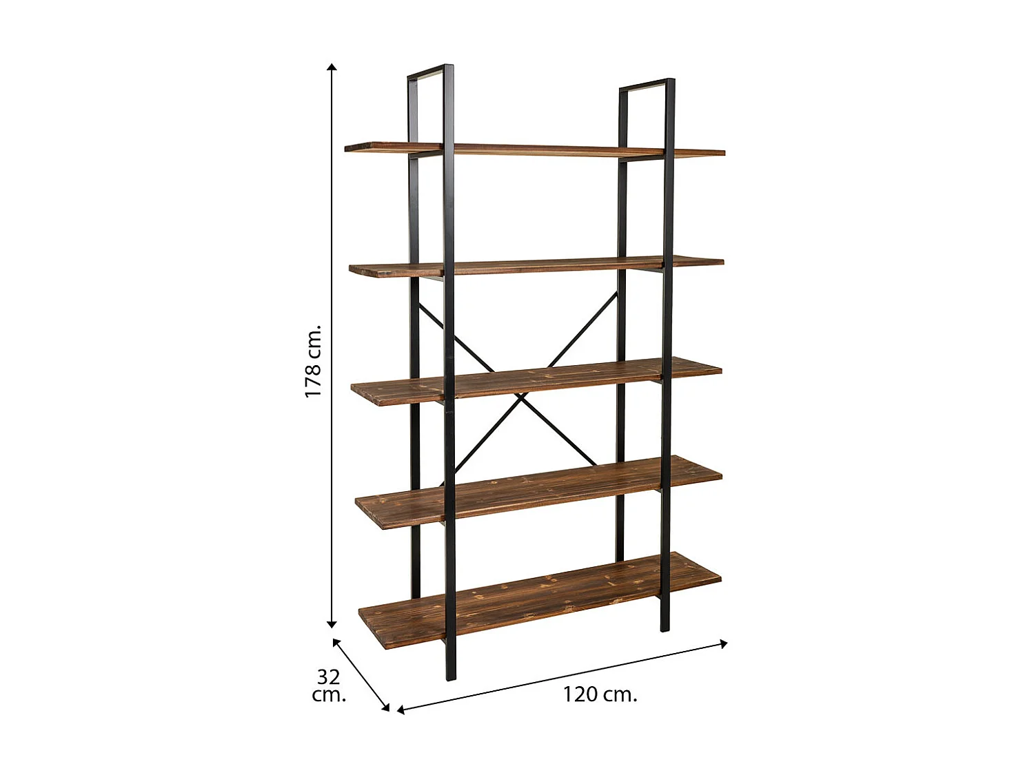 Estante de madeira marrom e metal 120x32x178