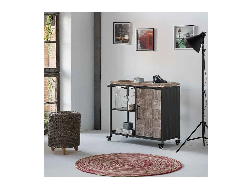 Étagère porte-bouteilles en bois et métal gris avec roues 100x40x83,5h
