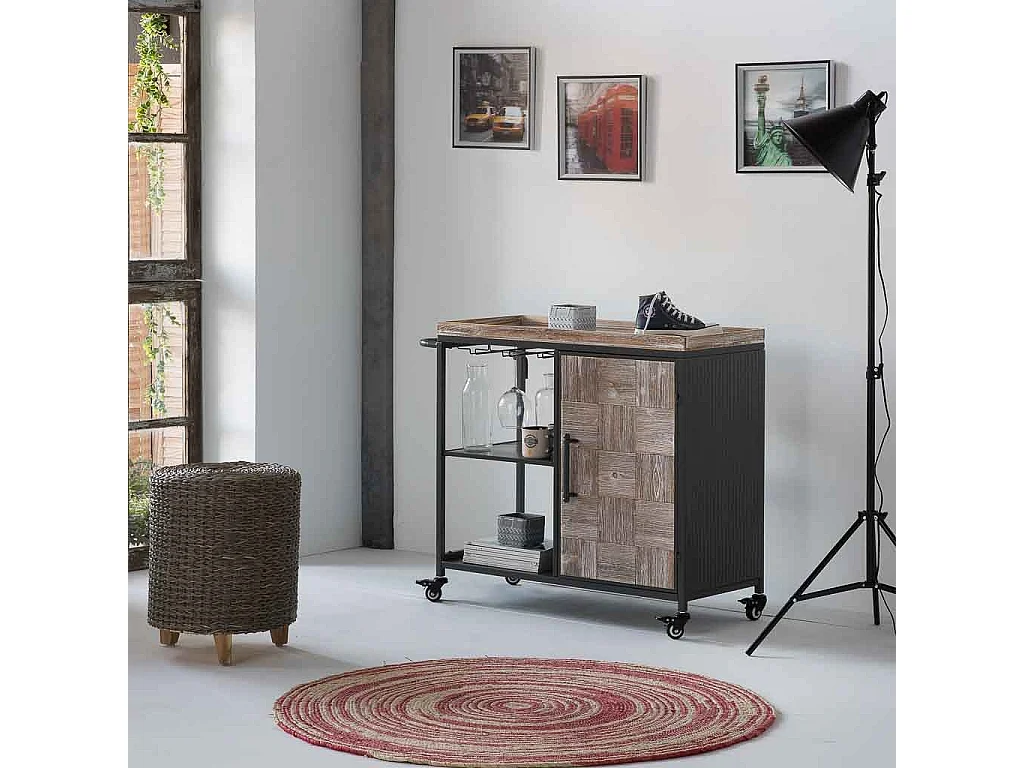 Prateleira para vinhos com rodas de madeira e metal cinza 100x40x83,5