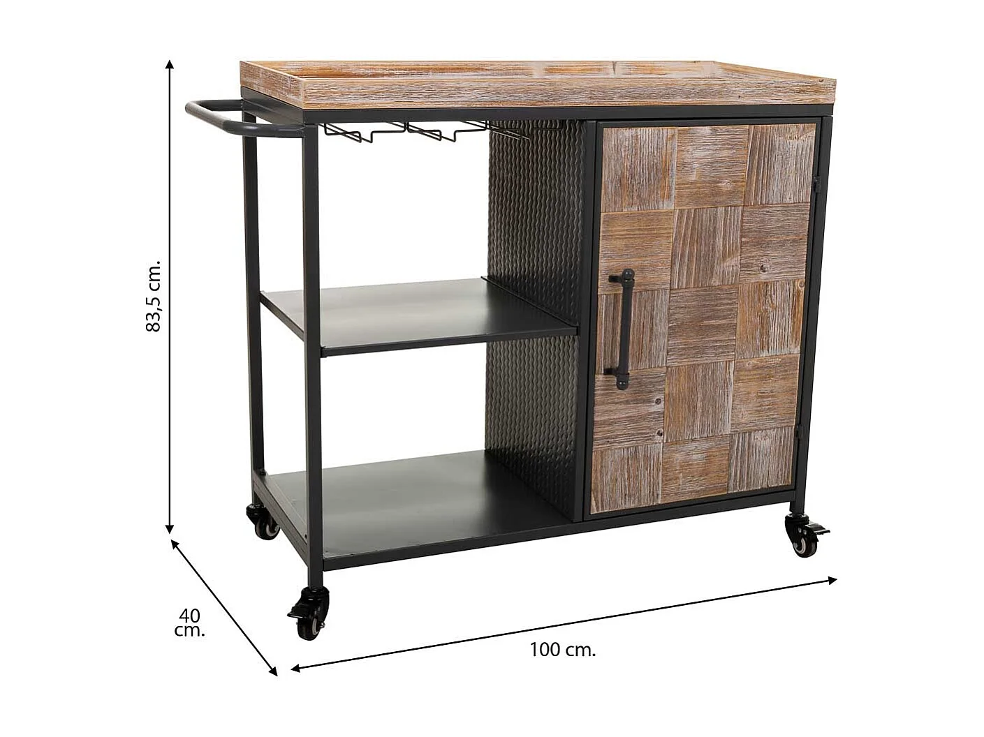 Prateleira para vinhos com rodas de madeira e metal cinza 100x40x83,5