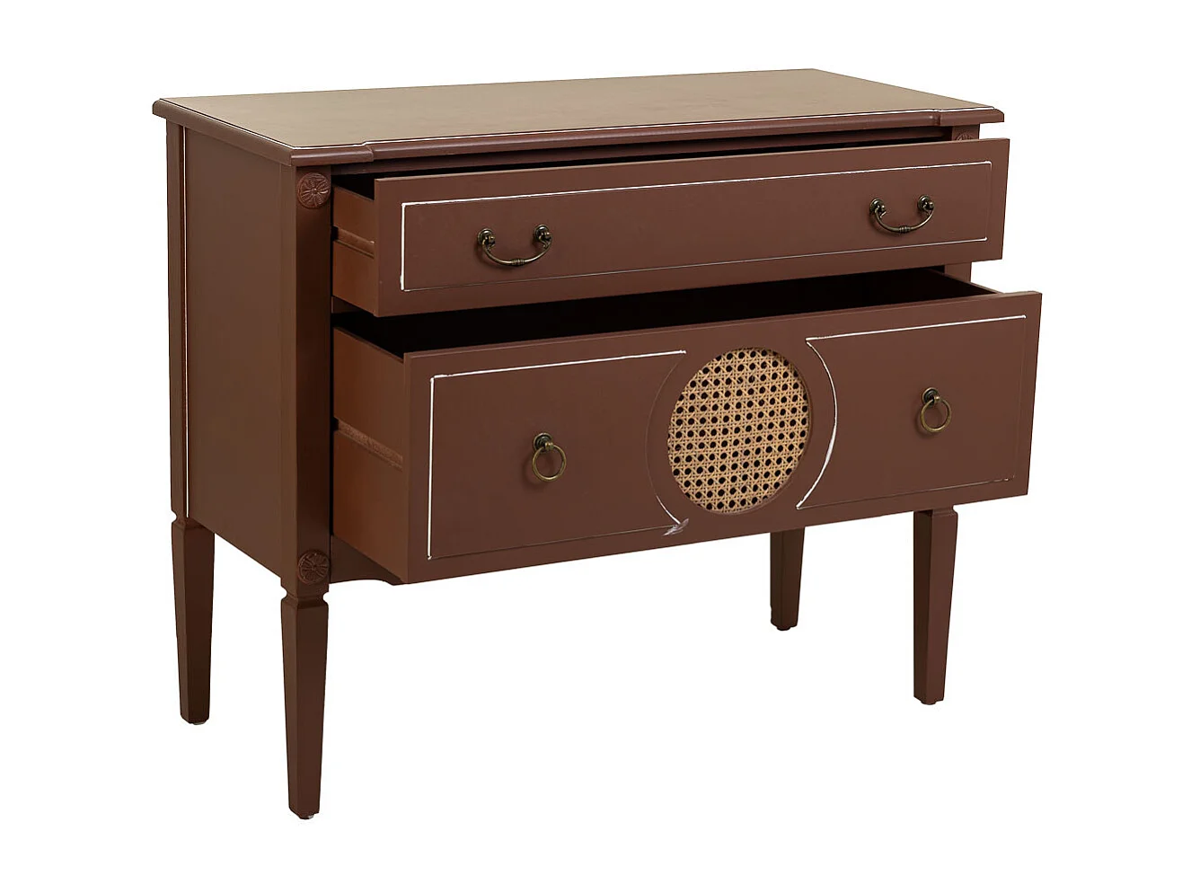 Cômoda de madeira marrom e rattan 88x38x72