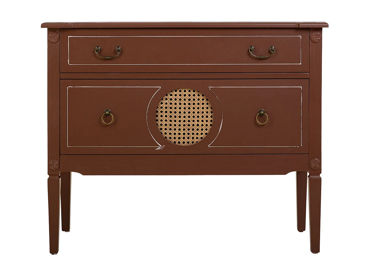 Cômoda de madeira marrom e rattan 88x38x72
