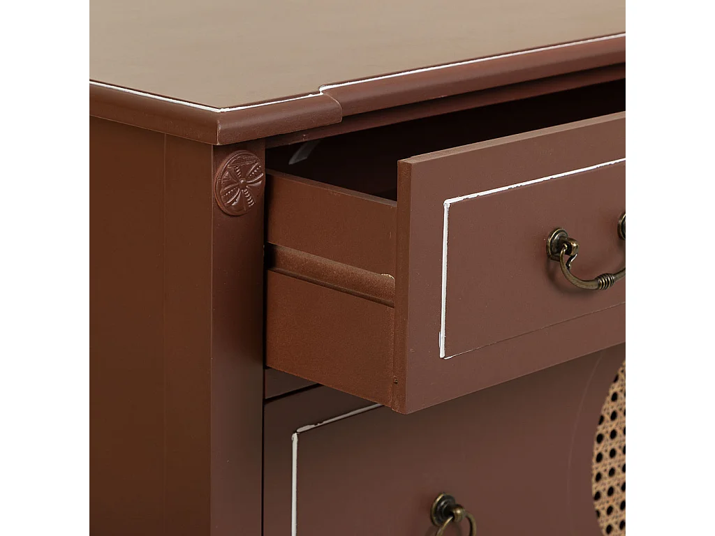 Cômoda de madeira marrom e rattan 88x38x72