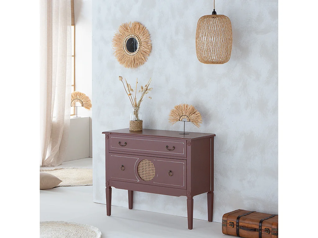 Kommode aus Holz und Rattan mit zwei braunen Schubladen, 88x38x72 cm