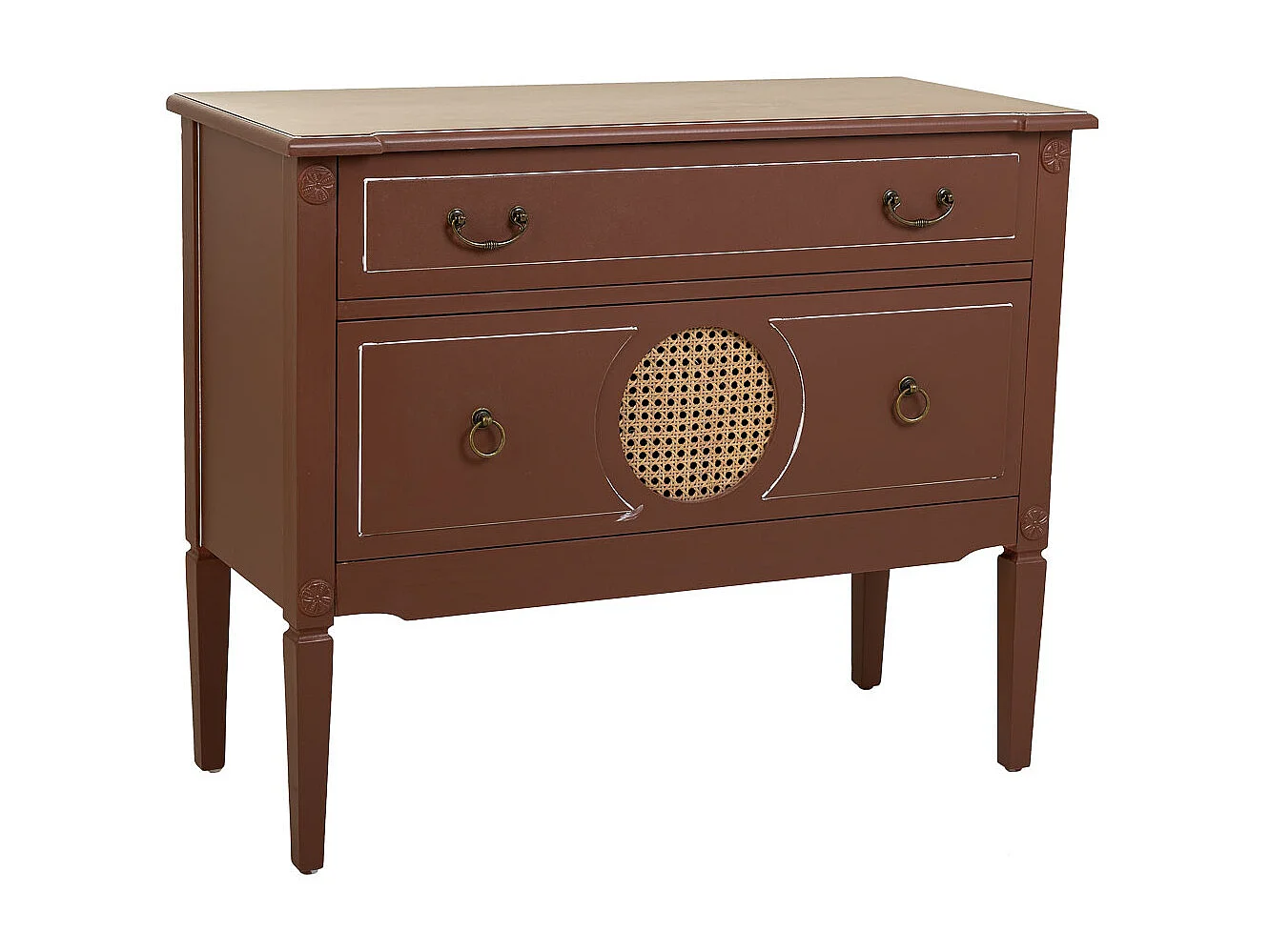 Kommode aus Holz und Rattan mit zwei braunen Schubladen, 88x38x72 cm