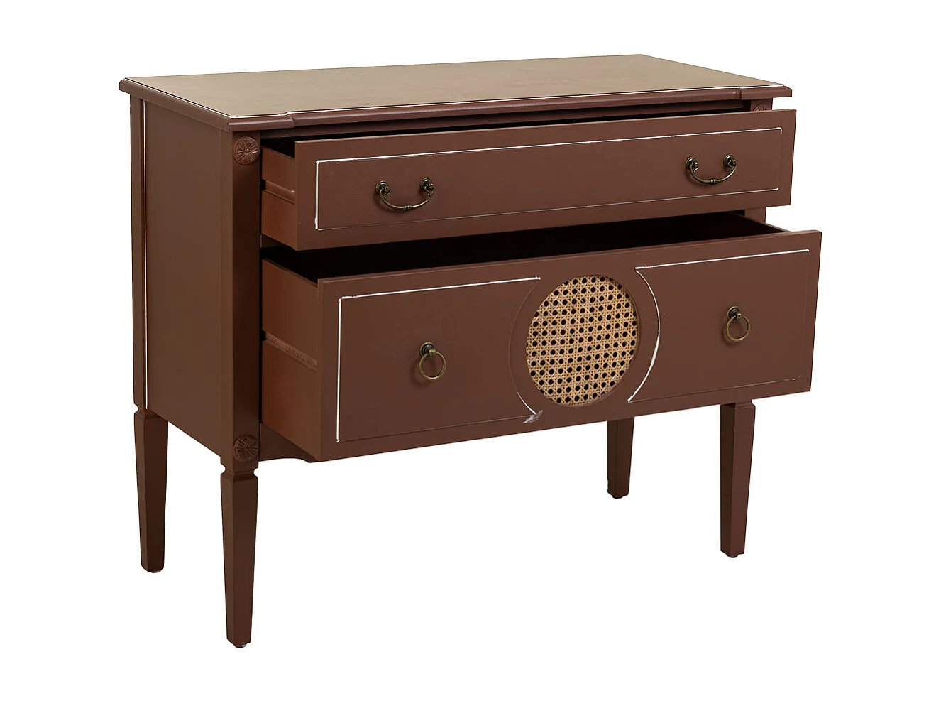 Kommode aus Holz und Rattan mit zwei braunen Schubladen, 88x38x72 cm