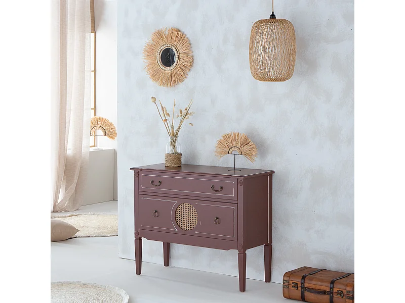 Cassettiera in legno marrone e rattan 88x38x72h