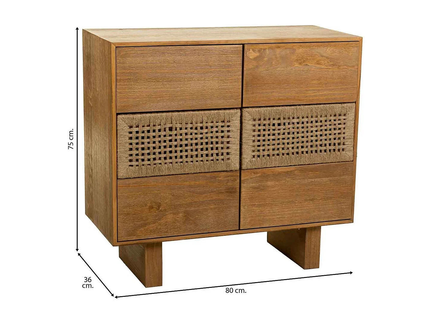 Cassettiera in legno e corda intrecciata marrone 80x36x75h