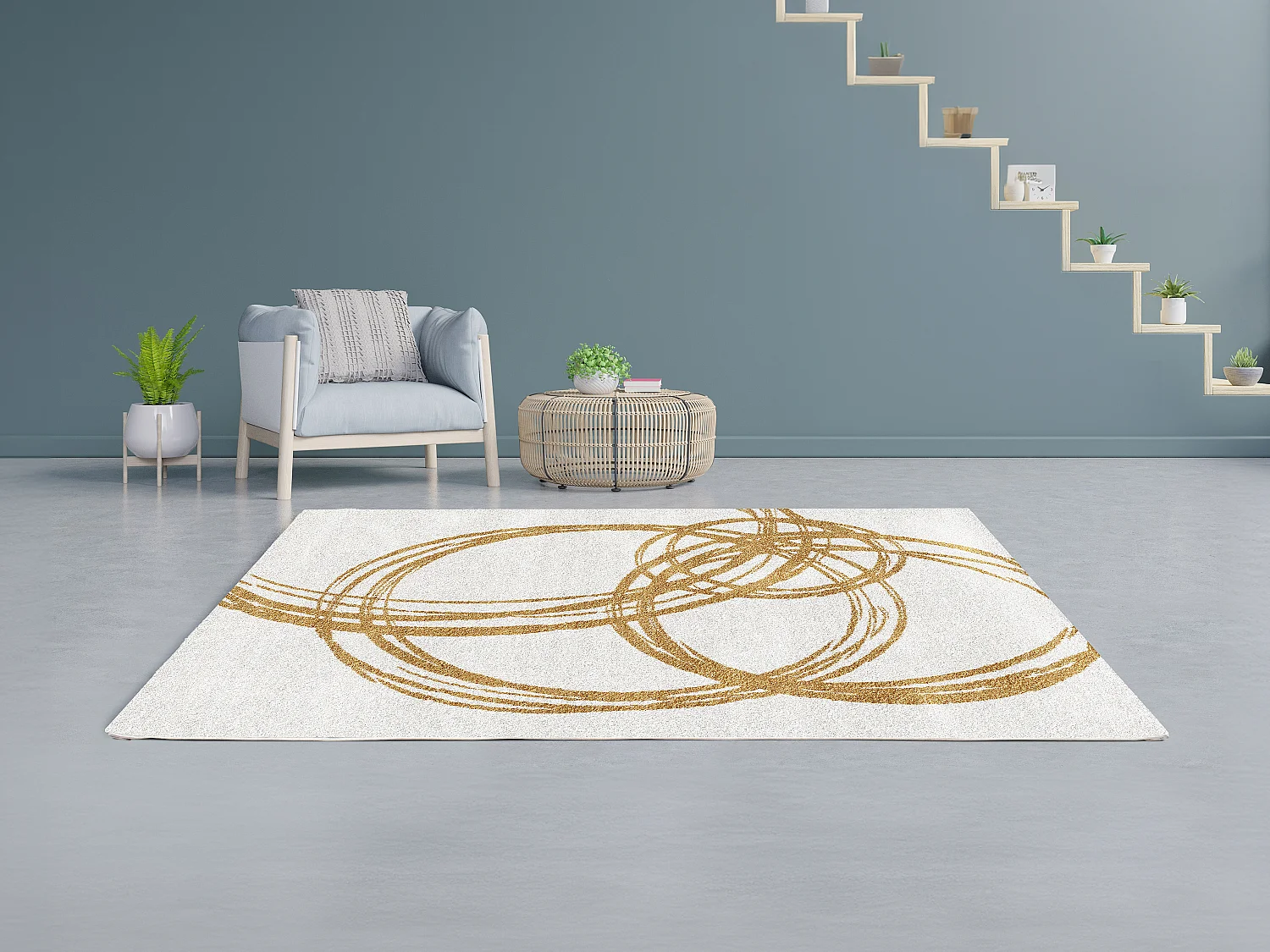 Alfombra de diseño con motivos circulares - 160 x 230 cm - Blanco y dorado - LEINA
