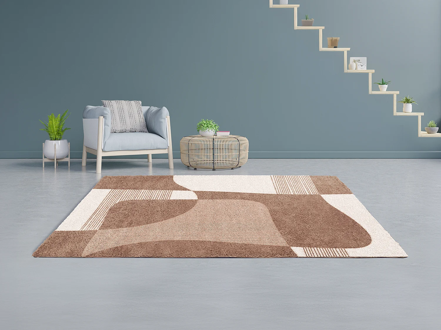 Tapis shaggy à motifs abstraits- 160 x 230 cm - Blanc et Marron - RUMINIA
