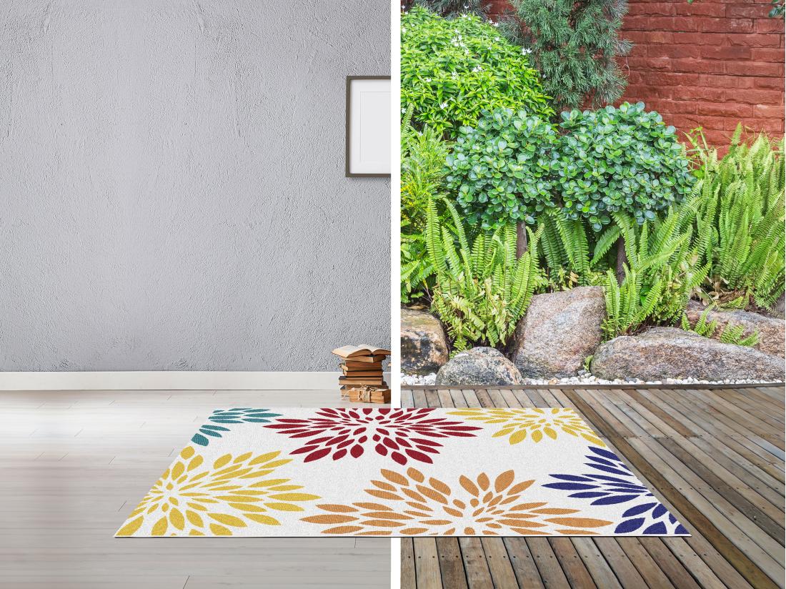vente unique Tapis intérieur ou extérieur à motifs floraux - 150 x 200 cm - Multicolore - FLOWINI