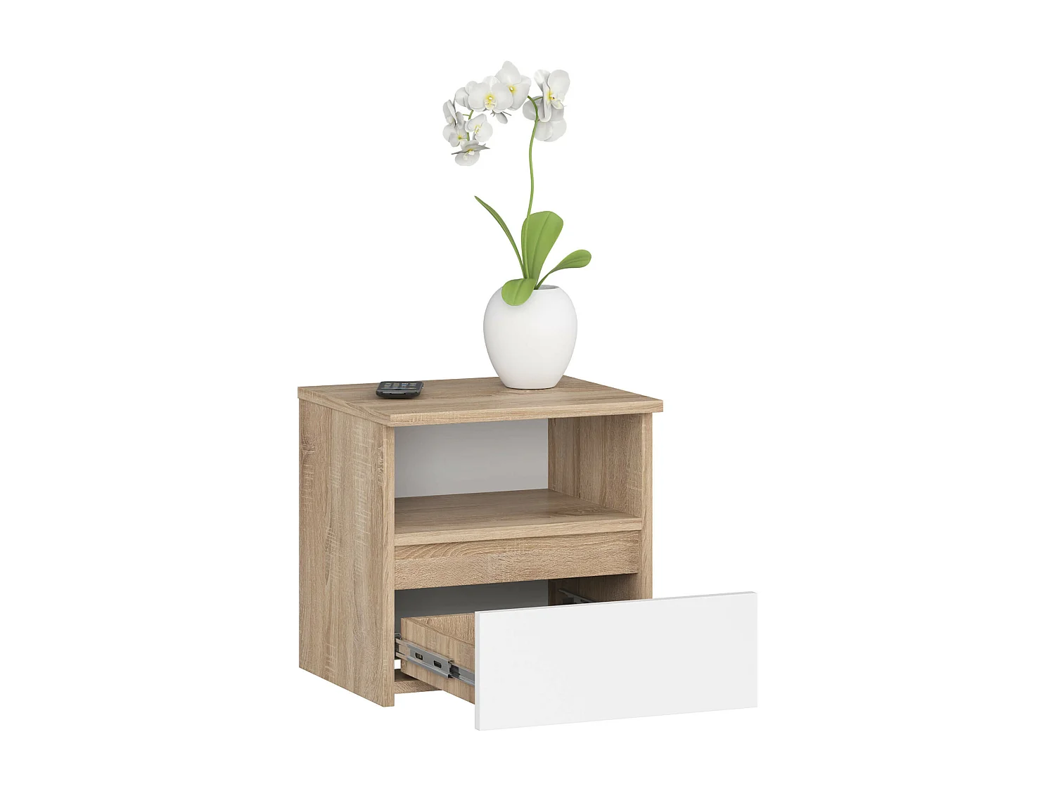 Nachttisch in minimalistischer Optik AKORD CL1 in der Farbe Sonoma-Eiche Schublade Front Weiß B40 x H40 x T35 cm