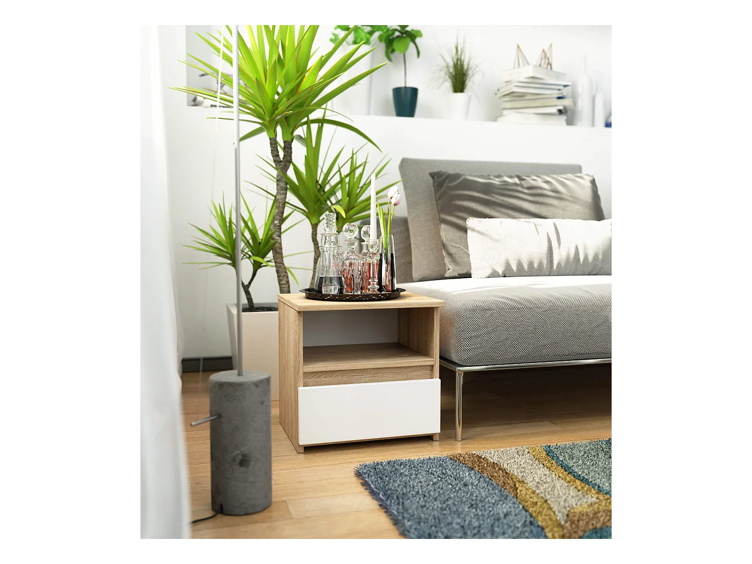 Nachttisch in minimalistischer Optik AKORD CL1 in der Farbe Sonoma-Eiche Schublade Front Weiß B40 x H40 x T35 cm