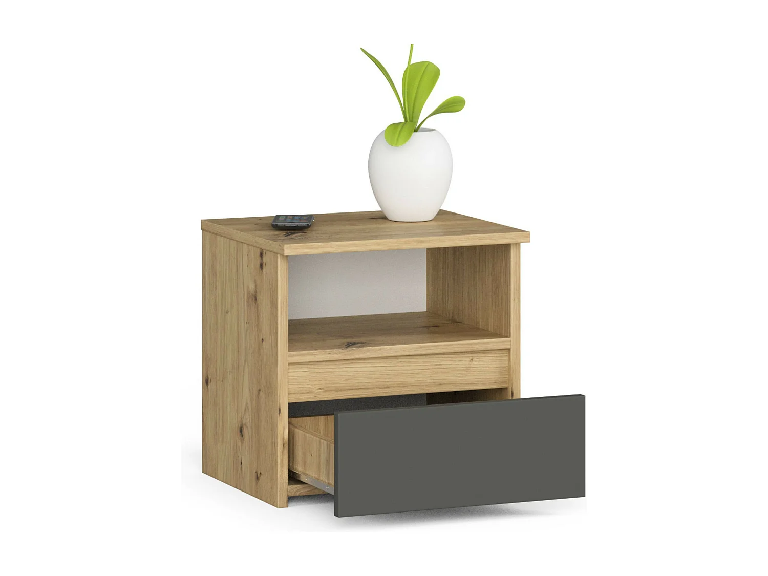 Nachttisch in minimalistischer Optik AKORD CL1 in der Farbe Eiche Artisan Schublade Front Graphitgrau B40 x H40 x T35 cm
