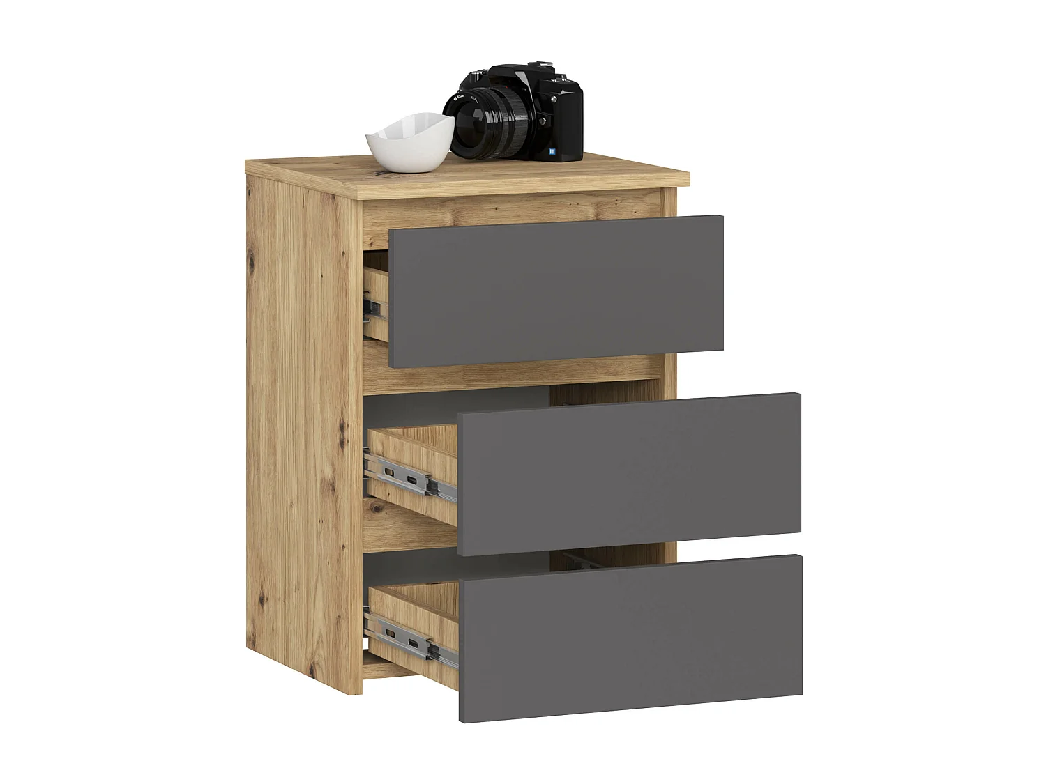 Szafka nocna AKORD CL3 Dąb Artisan 40 cm 3 szuflady fronty kolor Grafit Szary mat 40x35x57 cm