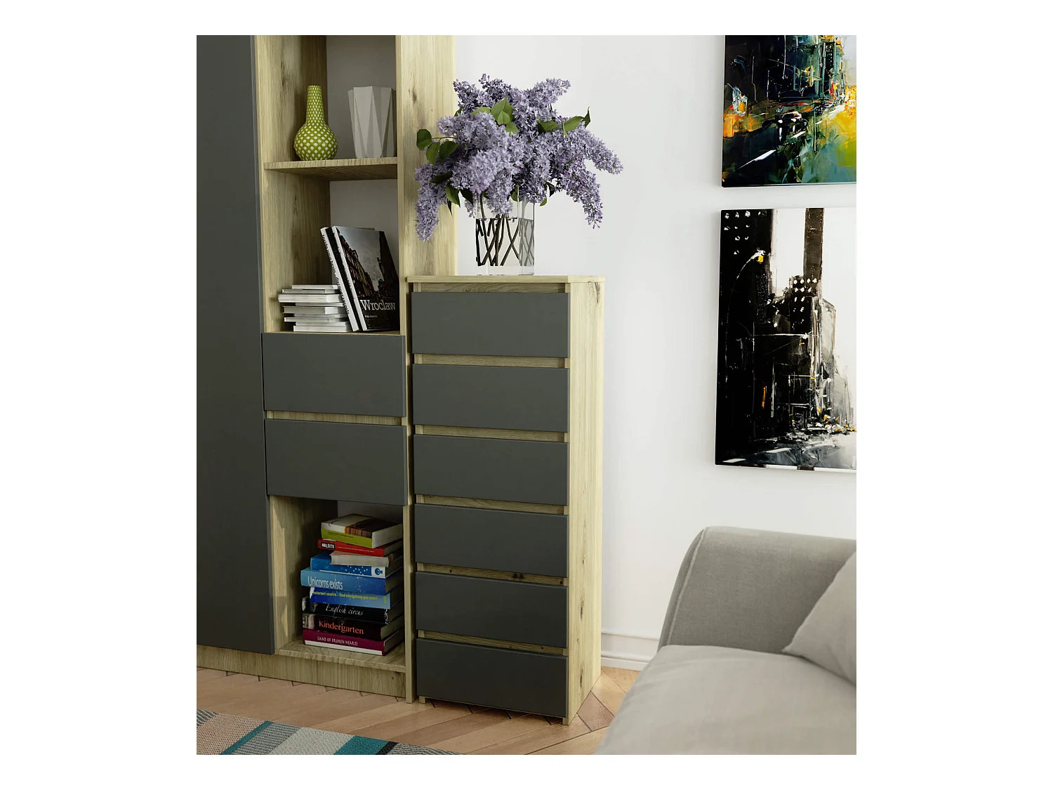 Kommode AKORD CL6 Eiche Artisan 40 cm 6 Schubladen Front Graphitgrau B40 x H109 x T35 cm