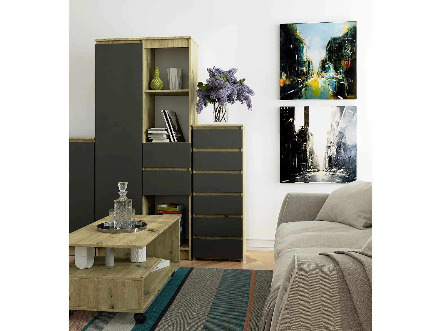 Zesladekast 6 Laden Artisan Eiken en Grijs Grafiet - Stijlvol Standaardontwerp, 40x109x35 cm