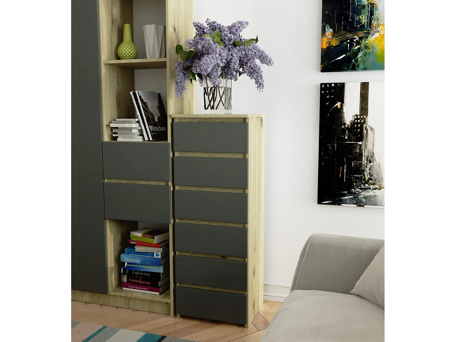 Kommode AKORD CL6 Eiche Artisan 40 cm 6 Schubladen Front Graphitgrau B40 x H109 x T35 cm