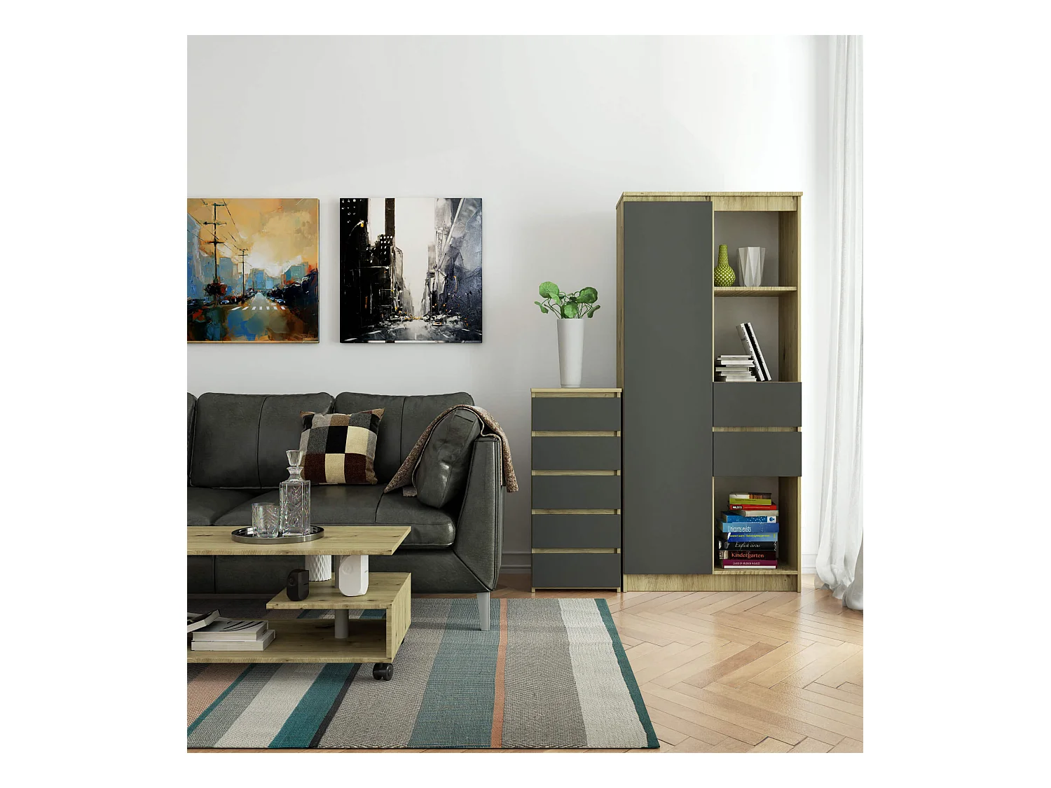 Artisan Eiken en Grijze Ladekast met 5 Laden - Mat Afwerking en Zelfmontage, 92x40x35 cm