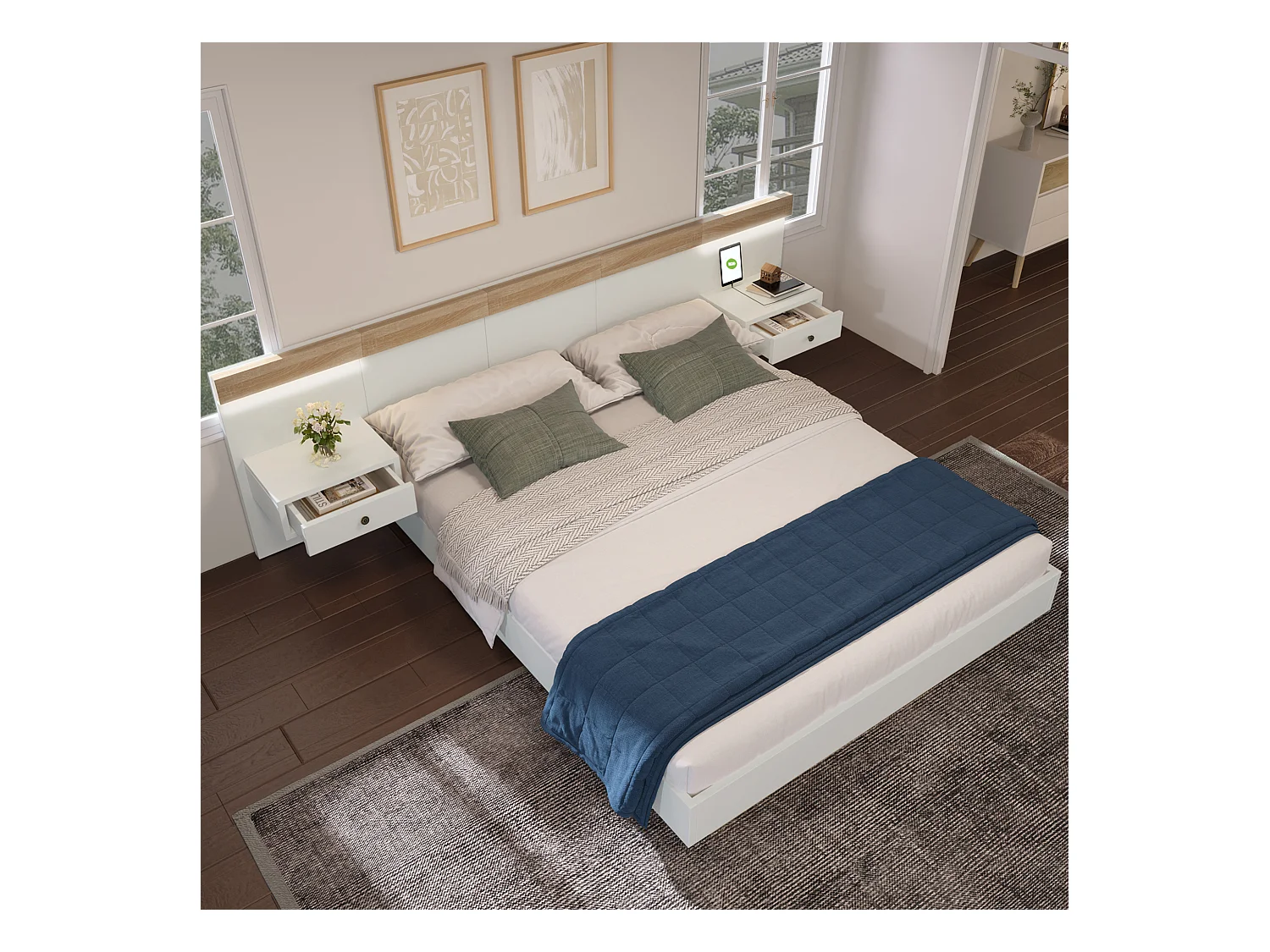 Lit Double en Bois 180x200 cm + 2 Tables de chevet avec LED et USB - Blanc(sans matelas)