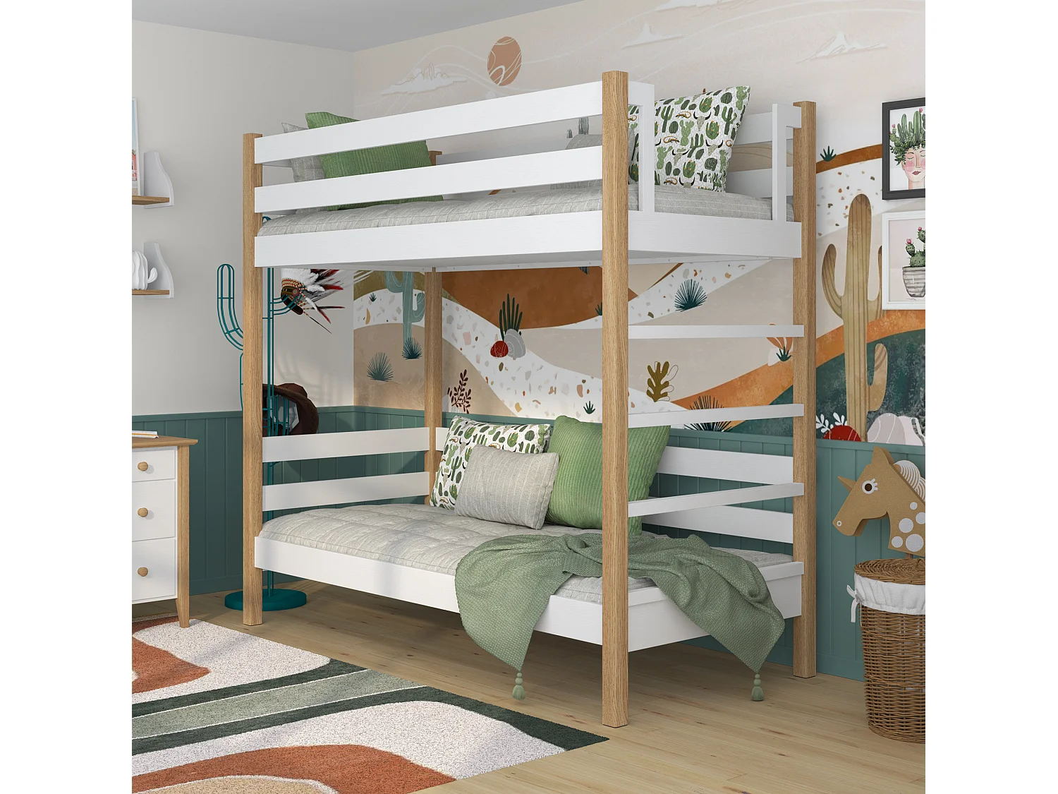 Lit superposé en bois N03 Blanc / Chêne Naturel 100x190