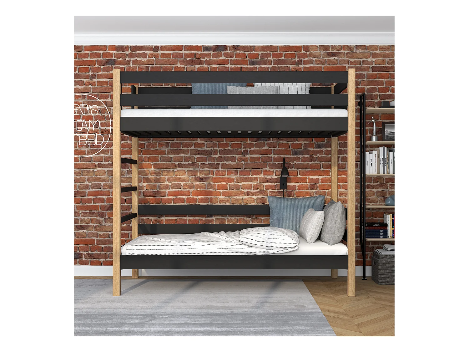 Lit superposé en bois N03 Noir / Chêne Naturel 90x190