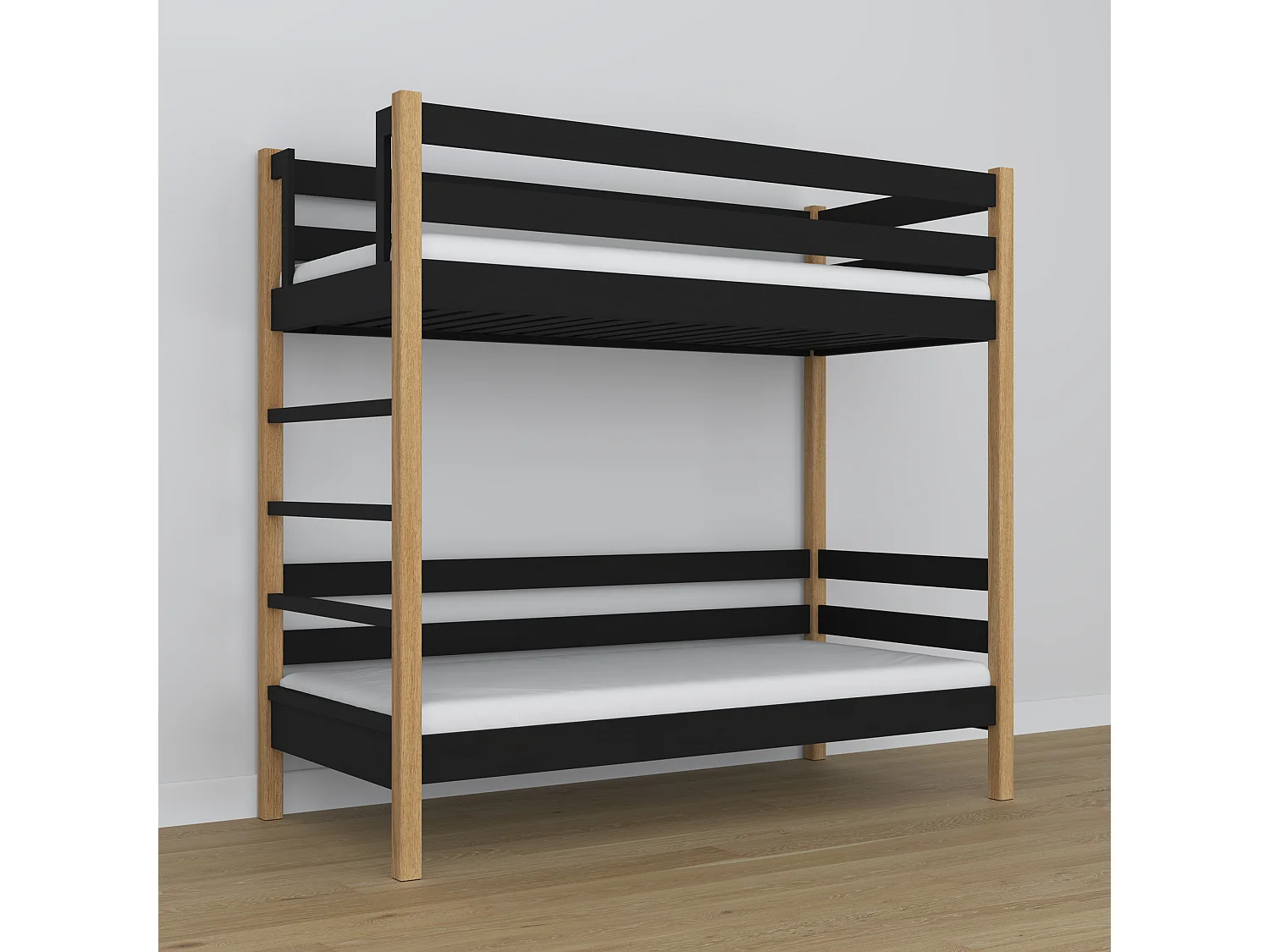 Lit superposé en bois N03 Noir / Chêne Naturel 80x190