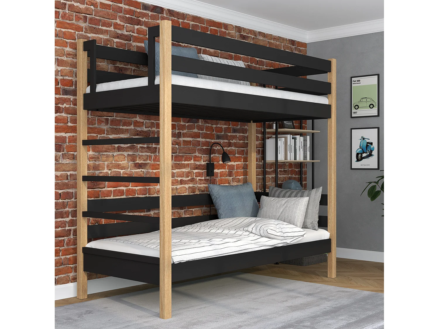 ETAGENBETT N03 Schwarz / Eiche Natur 90x180