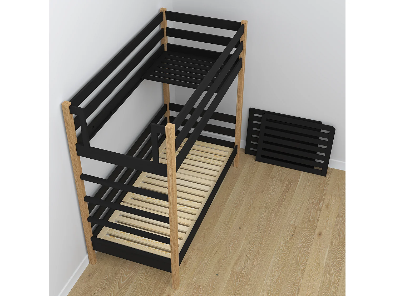 Lit superposé en bois N03 Noir / Chêne Naturel 90x200