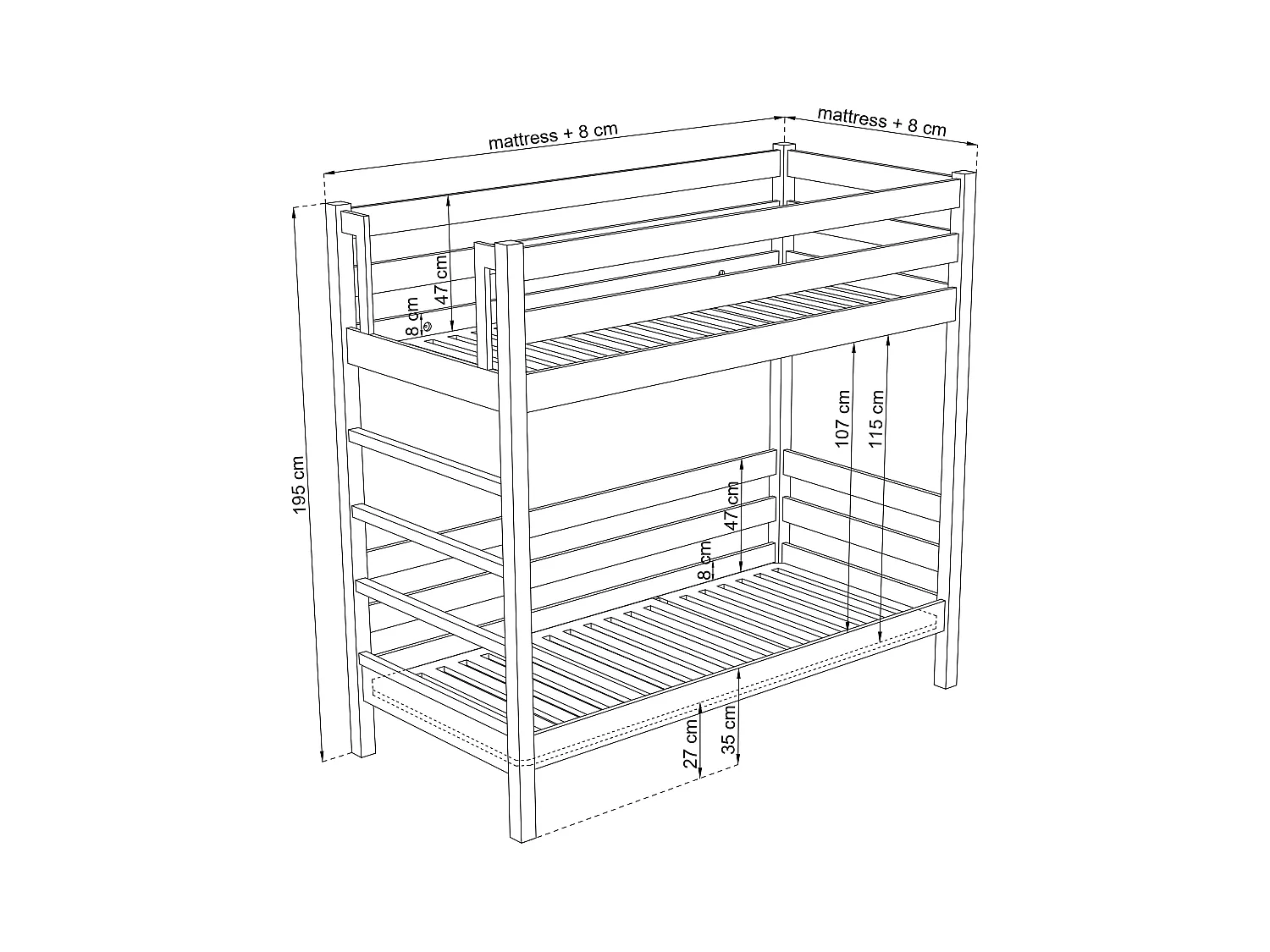 Lit superposé en bois N03 Pin Naturel 90x180