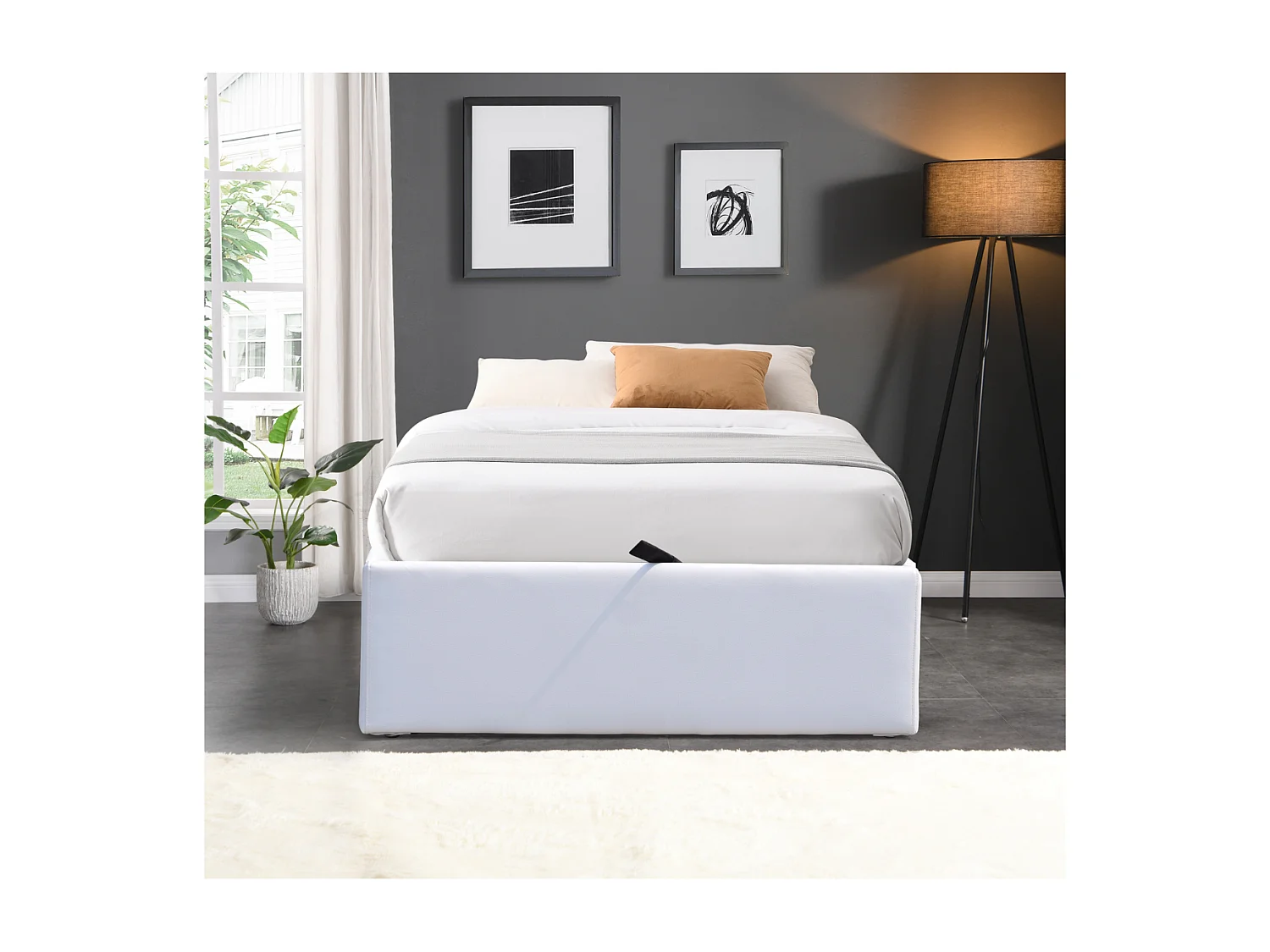 Solide Lit Coffre Blanc pour Matelas 90x190 cm - 12 Lattes - Manon + Pieds - Montage Rapide et Facile - revetement PVC S