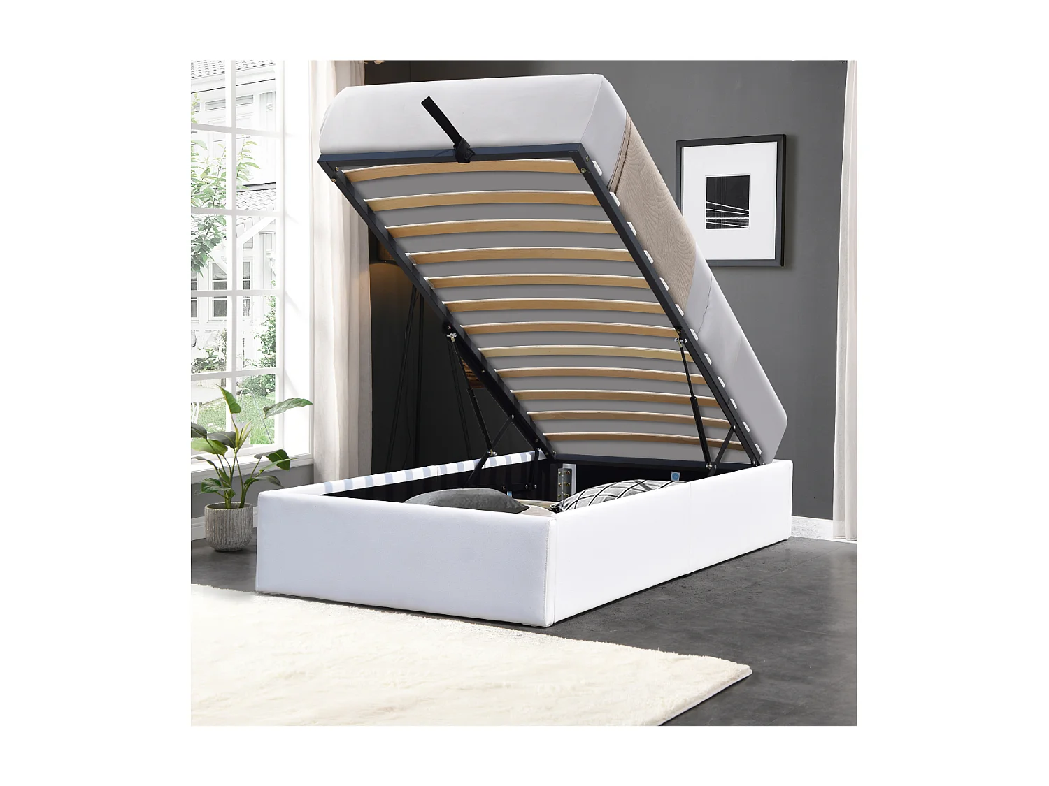 Nuits D'or Solide Lit Coffre Blanc pour Matelas 90x200 cm - 12 Lattes - Manon + Pieds - Montage Rapide et Facile - revet