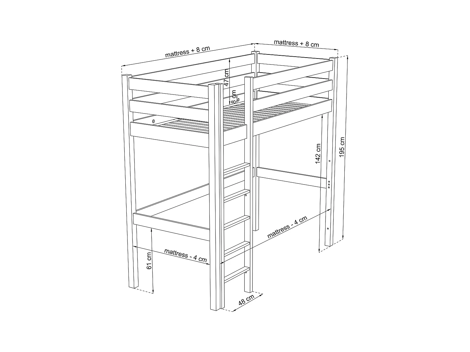 Lit mezzanine en chêne N05 Chêne Blanchi 100x200