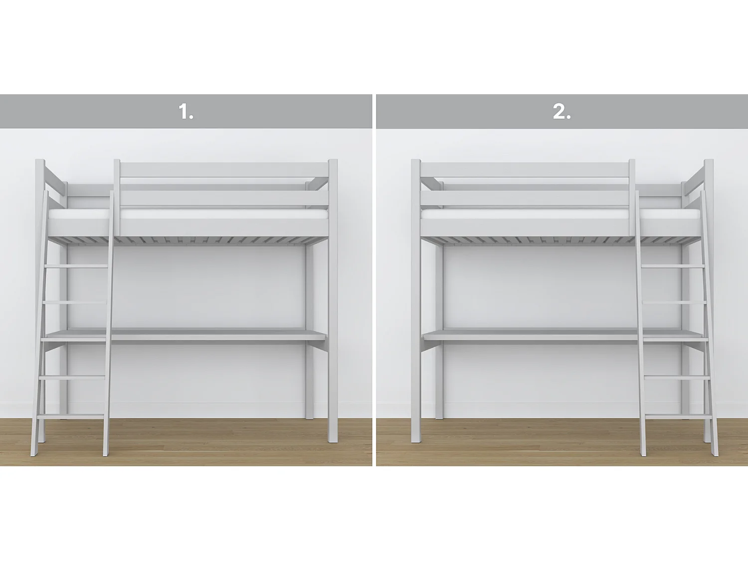 Lit mezzanine en bois - avec bureau N03 Gris 90x190