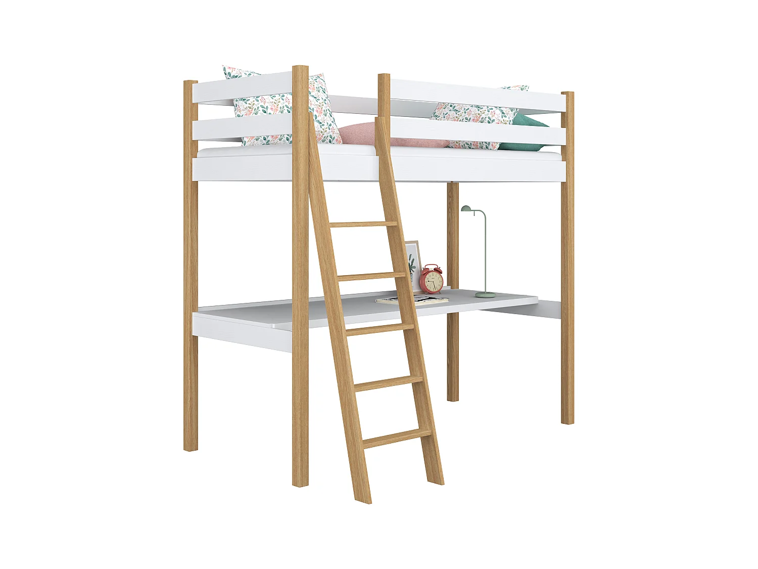 Lit mezzanine en bois - avec bureau N03 Blanc / Chêne Naturel 80x200