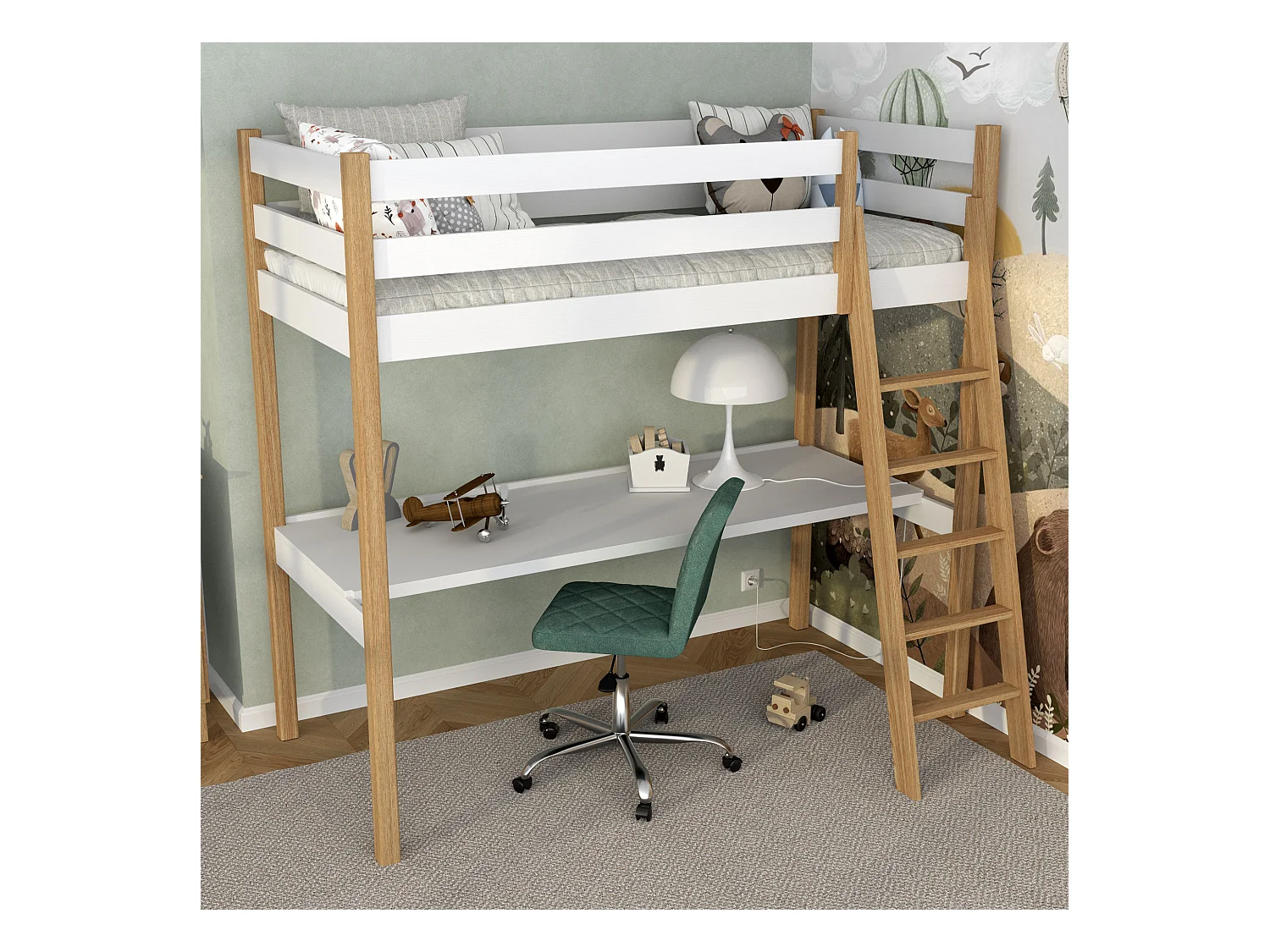 Lit mezzanine en bois - avec bureau N03 Blanc / Chêne Naturel 80x200